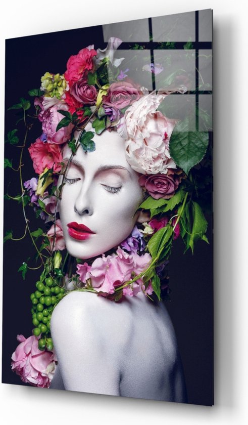 Insigne | Glasschilderij | Flowered Lady | 110x70CM  Gehard glas| Wanddecoratie | Modern | Art  |