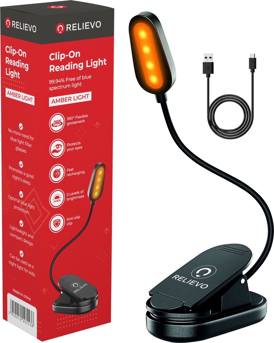 Relievo Draadloos Leeslampje met Klem - LED Amber Licht - Voor Boek of in Slaapkamer - Bed Nachtkastje Leeslamp - Bedlampje - Boeklamp Staand - USB Oplaadbaar - Relievo