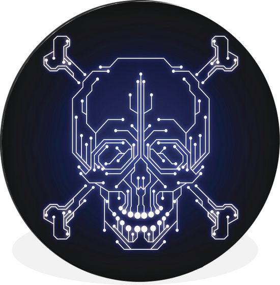 WallCircle - Wandcirkel - Muurcirkel - Illustratie van een schedel die symbool staat voor cybercriminaliteit - Aluminium - Dibond - ⌀ 90 cm - Binnen en Buiten