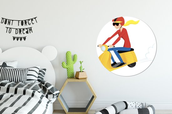 Illustration d'une fille sur un mur jaune Vespa cercle aluminium ⌀ 90 cm - tirage photo sur cercle mural / cercle vivant / cercle jardin (décoration murale)