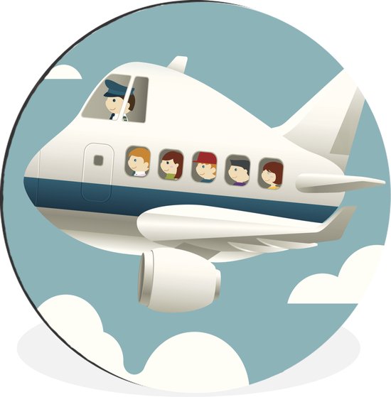 WallCircle - Wandcirkel - Muurcirkel - Een illustratie van een piloot met passagiers in een vliegtuig - Aluminium - Dibond - ⌀ 90 cm - Binnen en Buiten