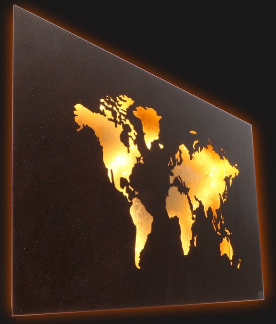 Design LED Wereldkaart wanddecoratie met verlichting - 60 x 30 cm - Bruin  goud metaal | bol.com