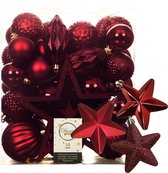 Kerstballen, kerstornamenten en piek - 56x stuks - donkerrood - kunststof