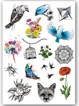 Temporary Tattoo Vogels/Bloemen/Natuur (A5 formaat) [Neptattoo - Tijdelijke tatoeage - Nep Fake Tattoos - Water overdraagbare festival sticker henna outfit tattoo - Glitter tattoo - Volwassenen Kinderen Jongen Meisje]