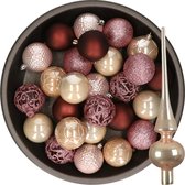 Decoris Kerstballen - 37x ST - kunststof - 6 cm - roze en bruin tinten - met glazen piek