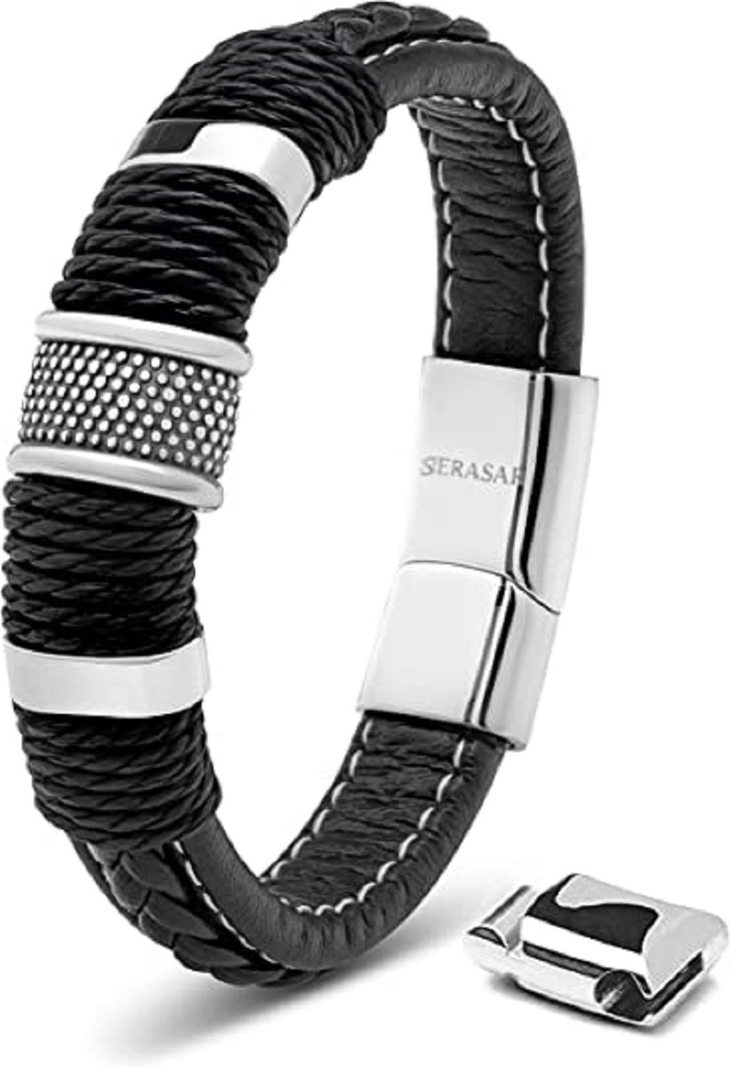 SERASAR Lederen Armband Heren [Ring], Zilver 23cm, Onvergetelijk Cadeau voor Hem