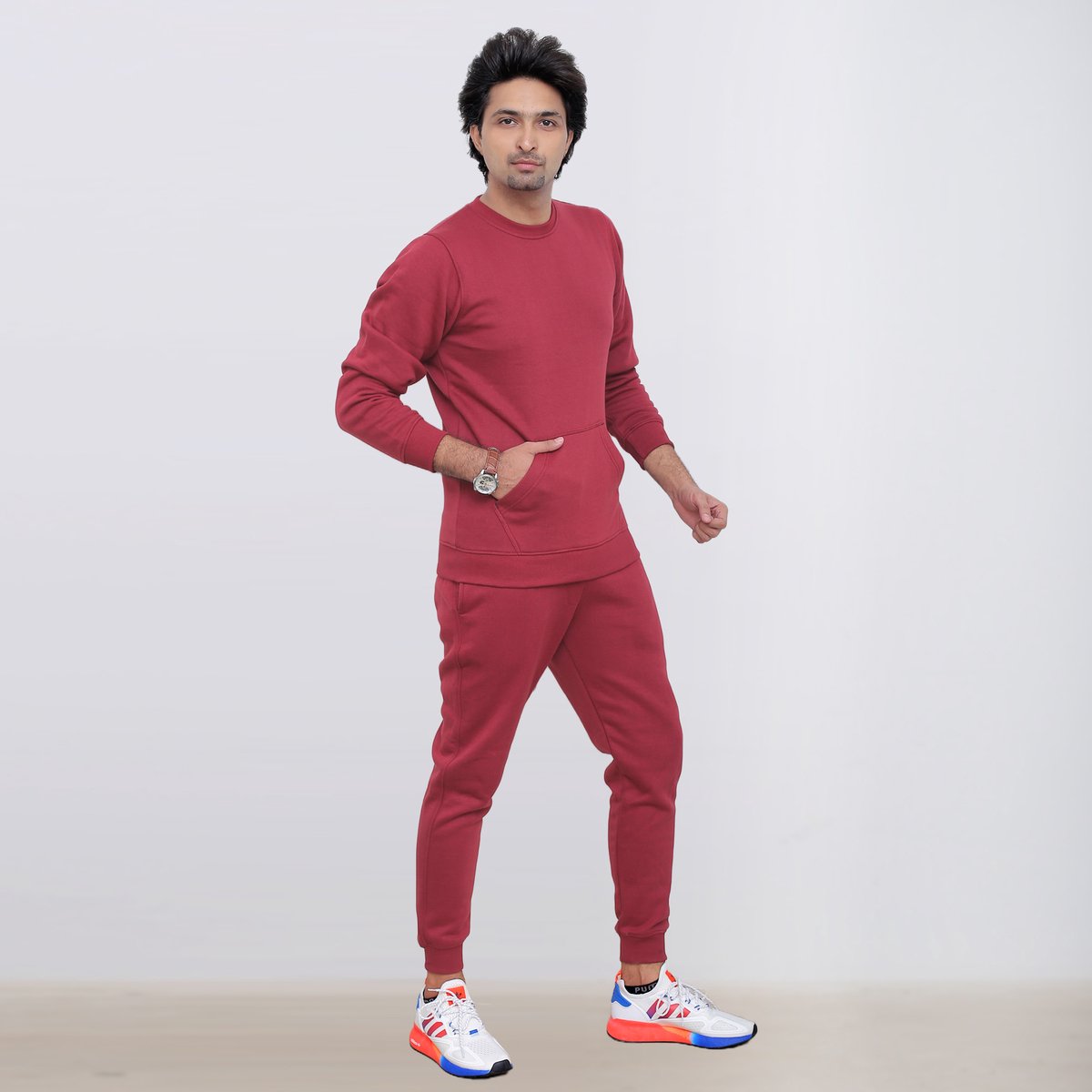 ICONICX Mens Plain Tracksuit Fleece Pullover Sweatshirt with Trousers Cotton Jogging Suit Exercise, Fitness, Boxing MMA, Maroon