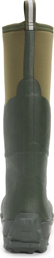 Achterkant van een groene Muck Boot Muckmaster laars met olijfgroen neopreen bovenwerk en reflecterende strip.