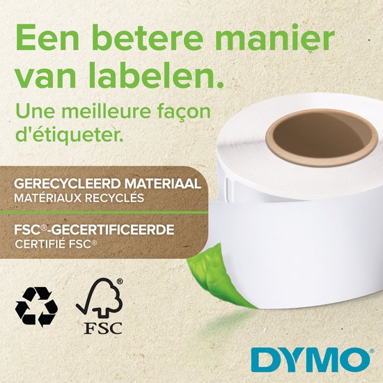DYMO etiketrol, wit, met het opschrift "Een betere manier van labelen", "Gerecycled Materiaal", "FSC-Gecertificeerd".