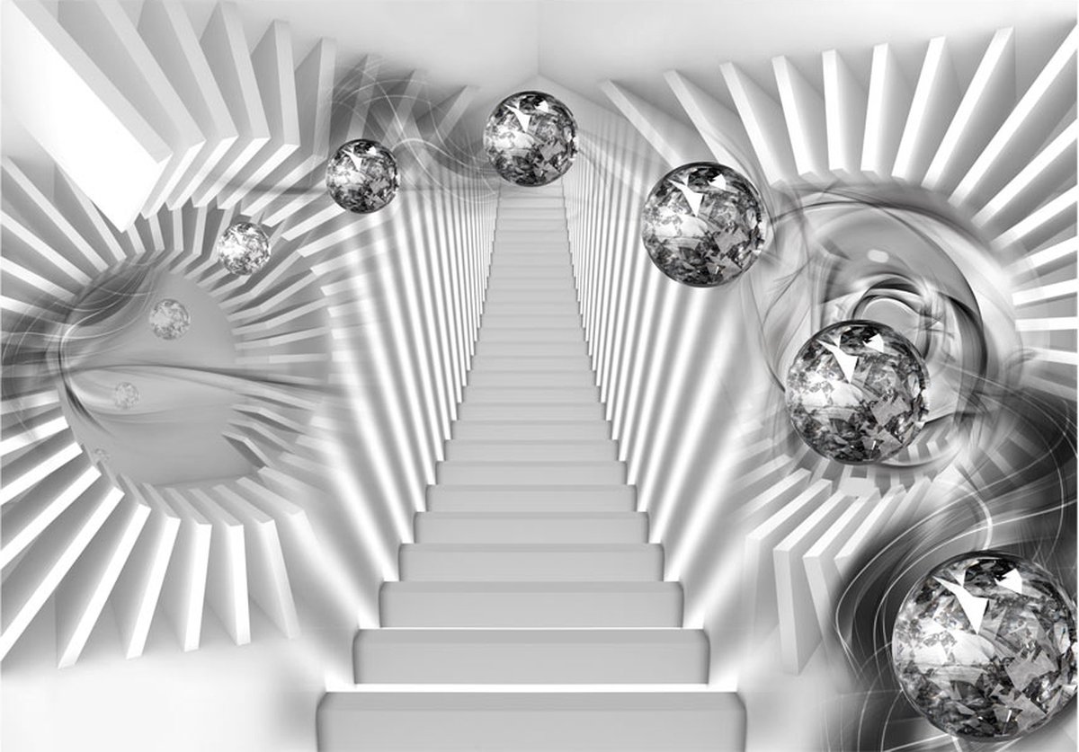 Fotobehangkoning - Behang - Vliesbehang - Fotobehang Zilveren Trap - 3D Diamanten - Silver Stairs - 400 x 280 cm