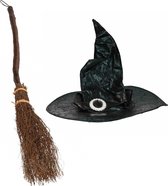 Guirca Heksen verkleed set dames heksenhoed met heksenbezem van 89 cm