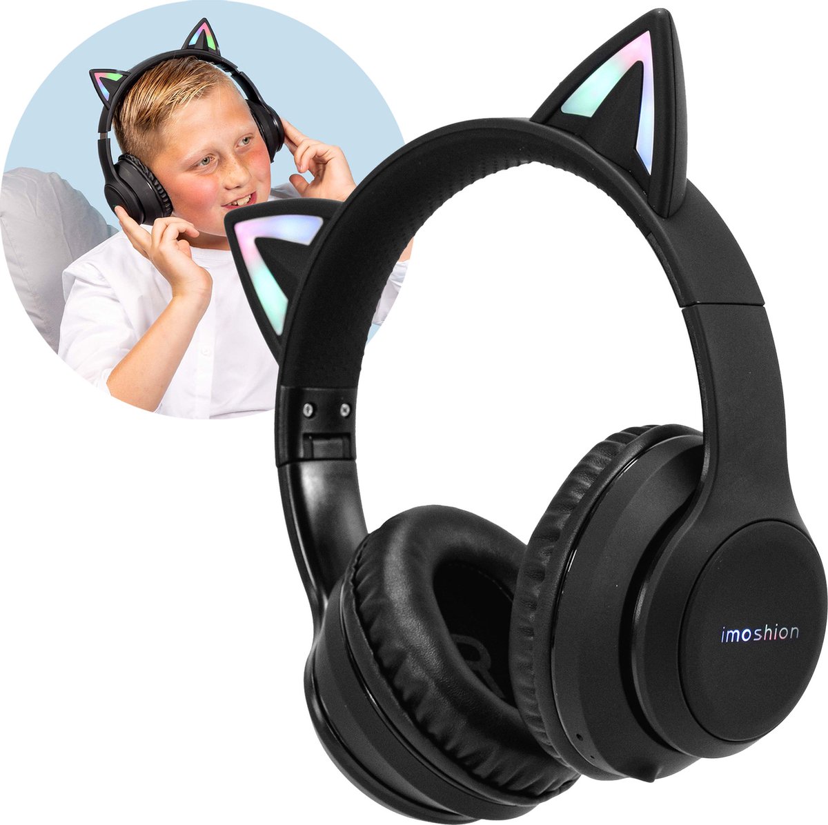 iMoshion Koptelefoon Kinderen Met Kattenoortjes Bluetooth - Kinder Koptelefoon / Hoofdtelefoon Draadloos Over Ear - Zwart