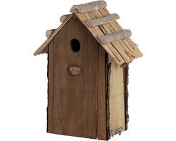 Houten koolmees nestkast met rieten dak.