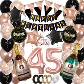 45 Jaar Feest Verjaardag Versiering Confetti Helium Ballonnen Slingers Happy Birthday Rose Goud & Zwart XL SET – 60 Stuks