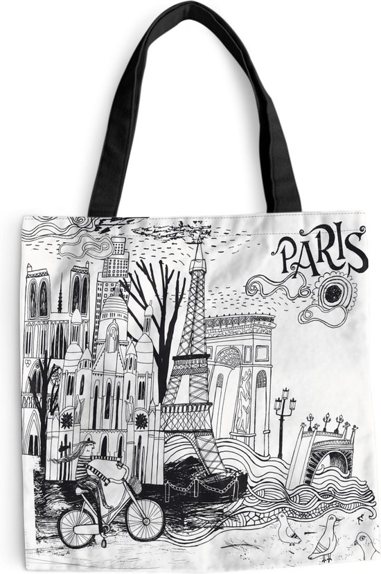 Sac Bandoulière - Sac De Plage - Shopper Paris - Dessin - Zwart - 45x45 cm - Sac Coton