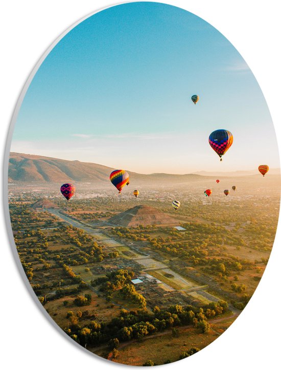 WallClassics - PVC Schuimplaat Ovaal - Luchtballonnen zwevend door de lucht - 21x28 cm Foto op Ovaal  (Met Ophangsysteem)