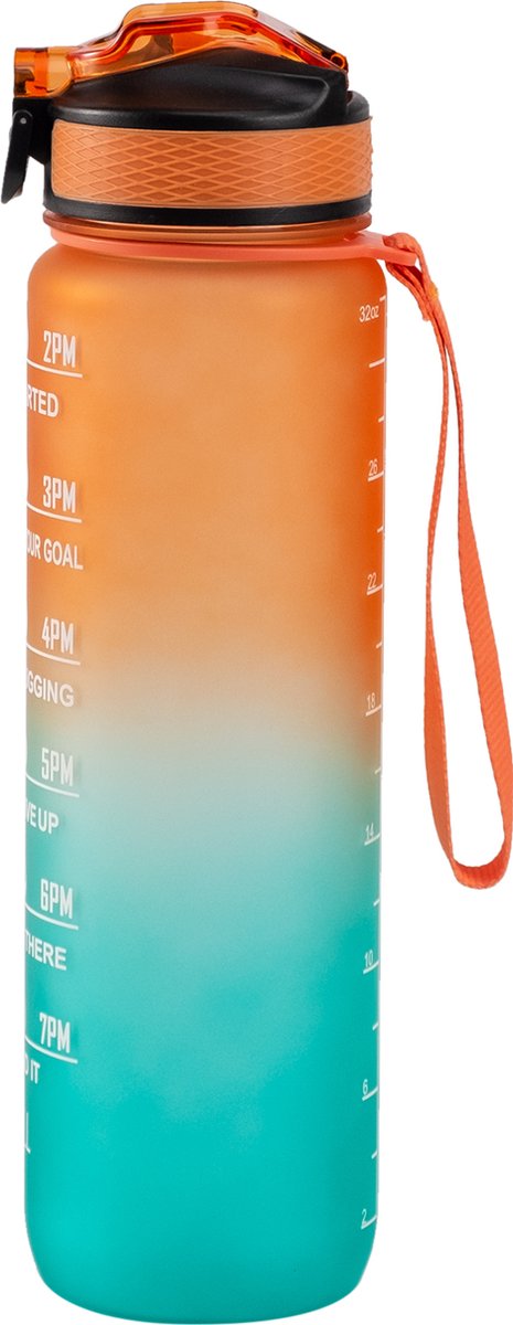 Motivatie Waterfles Oranje/Blauw - 1 Liter Drinkfles - KERST 2022 PRIJS - Waterfles met Rietje - Waterfles met tijdmarkering - BPA Vrij - Volwassenen - Kinderen