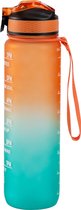 Motivatie Waterfles Oranje/Turquoise - 1 Liter Drinkfles - Waterfles met Rietje - Waterfles met tijdmarkering - BPA Vrij - Volwassenen - Drinkfles Kinderen - Met Box-On Hydration Challenge