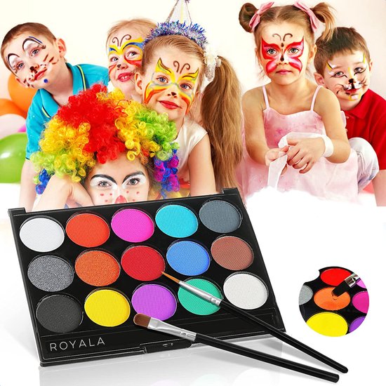 Royala - Set - 15 kleuren - 2 Penselen - Waterbasis - Make-up - Voor