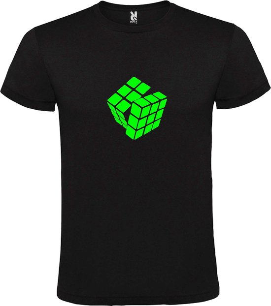Zwart T-Shirt met “ Rubik's Kubus “ afbeelding Neon Groen Size XS