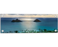Tuinposter – Uitzicht over Strand en Zee - Lanikai Beach - Hawaï - 60x20 cm Foto op Tuinposter (wanddecoratie voor buiten en binnen)