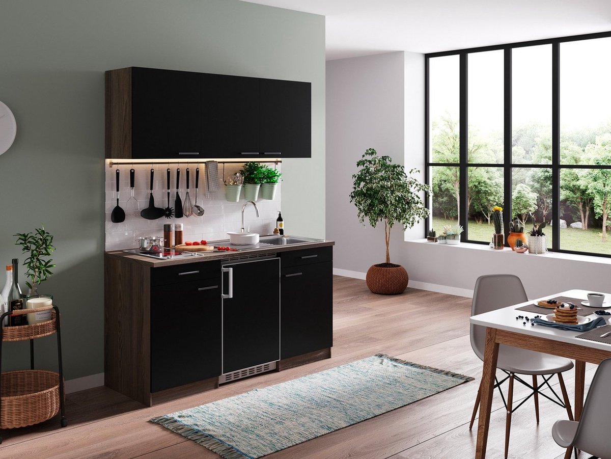 Goedkope keuken 150  cm - complete kleine keuken met apparatuur Oliver - Donker eiken/Zwart - keramische kookplaat  - koelkast          - mini keuken - compacte keuken - keukenblok met apparatuur
