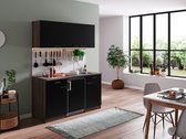 Goedkope keuken 150  cm - complete kleine keuken met apparatuur Oliver - Donker eiken/Zwart - keramische kookplaat  - koelkast          - mini keuken - compacte keuken - keukenblok met apparatuur