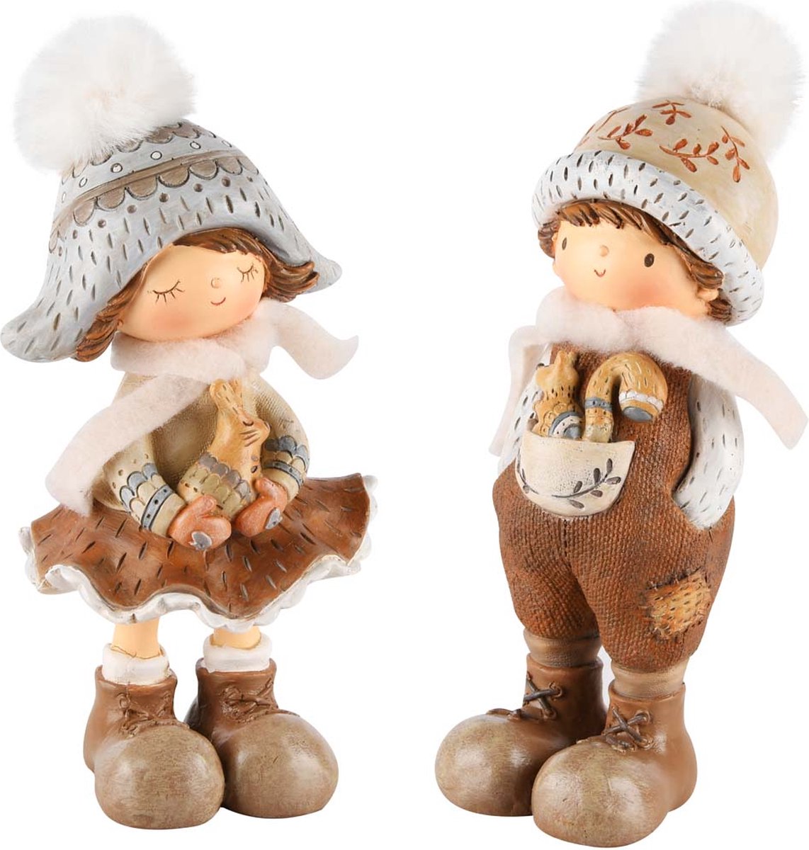 Set van 2 kindjes / kinderen  met diertje - Wit / beige / creme / bruin - 9 x 8 x 18 cm hoog per kind.