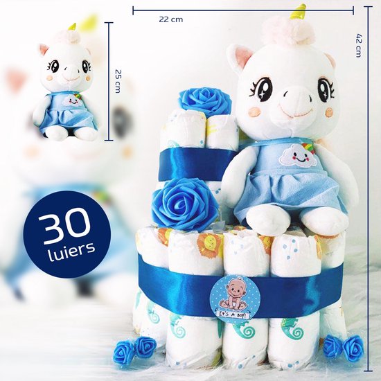 Foto: Luiertaart jongen kraamcadeau kraamcadeau jongen luiertaart kraam cadeau jongen baby cadeau luiertaart unicorn 2 laags 30 luiers