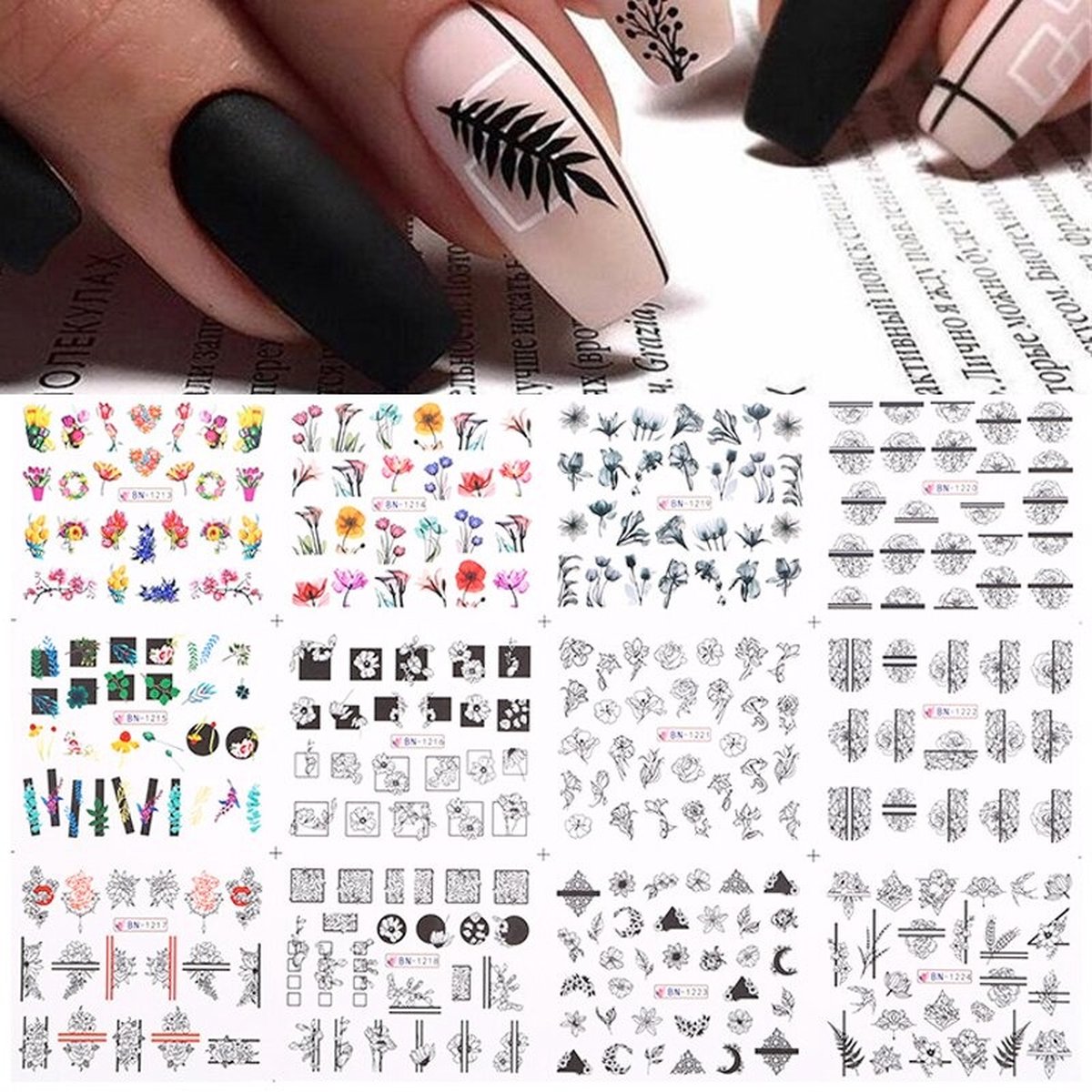 Goedkoopste 12 Stuks Nagelstickers – Nail Art Stickers – Zwart Wit Random