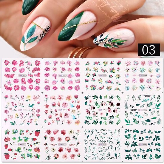 12 Stuks Nagelstickers – Nail Art Stickers – Botanical Bloemen & Bladeren