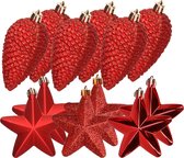 Dennenappels en sterren kerstornamenten - 12 stuks - kunststof - rood