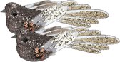 2x stuks kunststof decoratie vogels op clip bruin met pailletten 15 cm