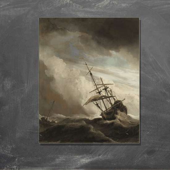 Wanddecoratie / Schilderij / Poster / Doek / Schilderstuk / Muurdecoratie / Fotokunst / Tafereel Een schip in volle zee bij vliegende storm, bekend als ‘De windstoot’ - Willem van de Velde (II) gedrukt op Forex