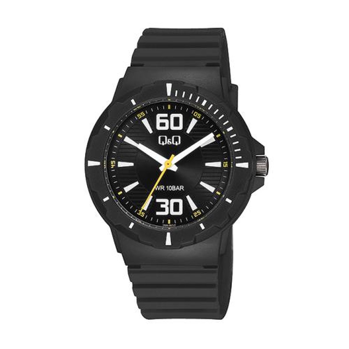 QQ V02A-007VY - Horloge - Sport - Analoog - Heren - Mannen - Plastic band - Rond - Cijfers - Streepjes - Kunststof - Zwart - Wit - Geel - 10 bar waterdicht