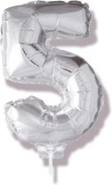 Folieballon Cijfer 5, 36cm op stokje zilver
