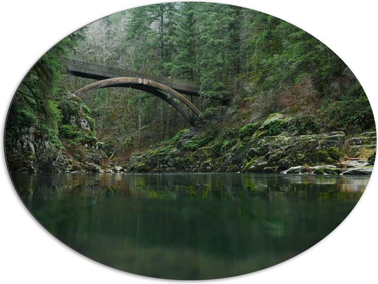 WallClassics - Dibond Ovaal - Moulton Falls Bridge - Brug in het Bos - 108x81 cm Foto op Ovaal (Met Ophangsysteem)