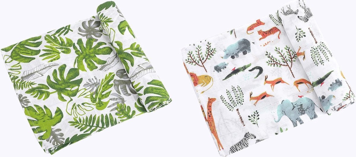 Goedkoopste 2 stuks - Hydrofiele Doeken XL 120x120 cm - Inbakerdoek Baby - Safari Jungle Groene Bladeren