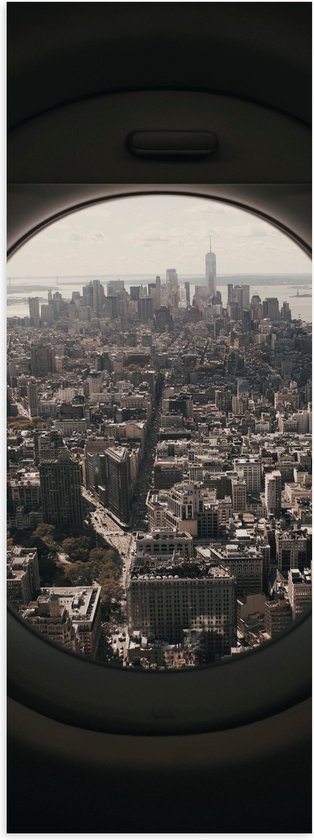 WallClassics - Poster Glanzend – Uitzicht over Wereldstad vanuit Vliegtuig - 20x60 cm Foto op Posterpapier met Glanzende Afwerking