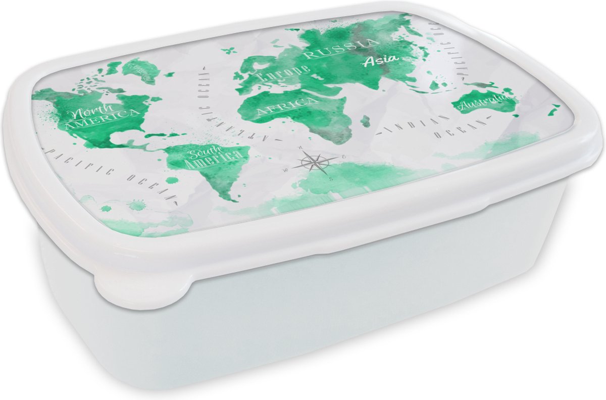 Broodtrommel Wit - Lunchbox - Brooddoos - Wereldkaart - Olieverf - Groen - 18x12x6 cm - Volwassenen