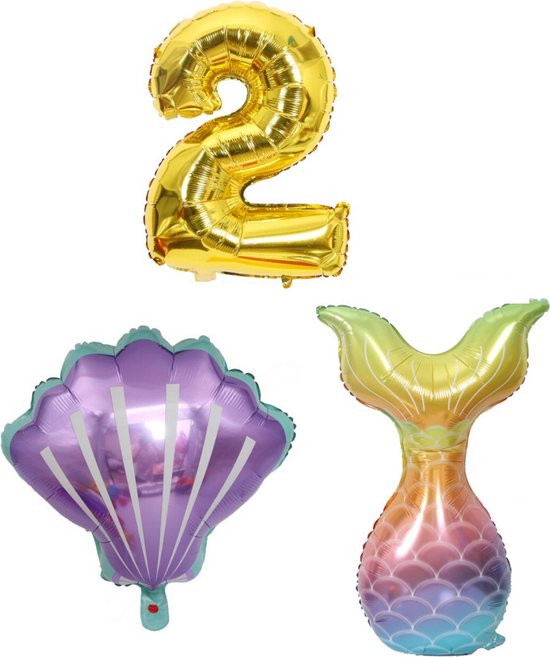 Zeemeermin Feestversiering - Zeemeermin Versiering - 2 jaar - Ballonnen - Cijferballonnen - Zeemeerminstraat - Schelp - Folieballon - Kleine Zeemeermin - Little Mermaid -  Ballonnen - Verjaardag Decoratie - Verjaardag Versiering - Ballonnen Goud