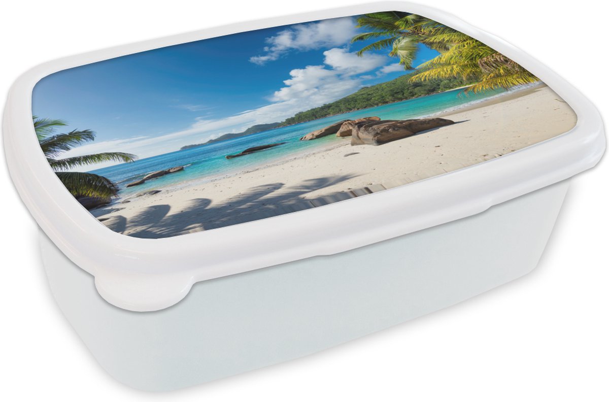 Broodtrommel Wit - Lunchbox - Brooddoos - Strand - Zee - Keien - Palmboom - 18x12x6 cm - Volwassenen