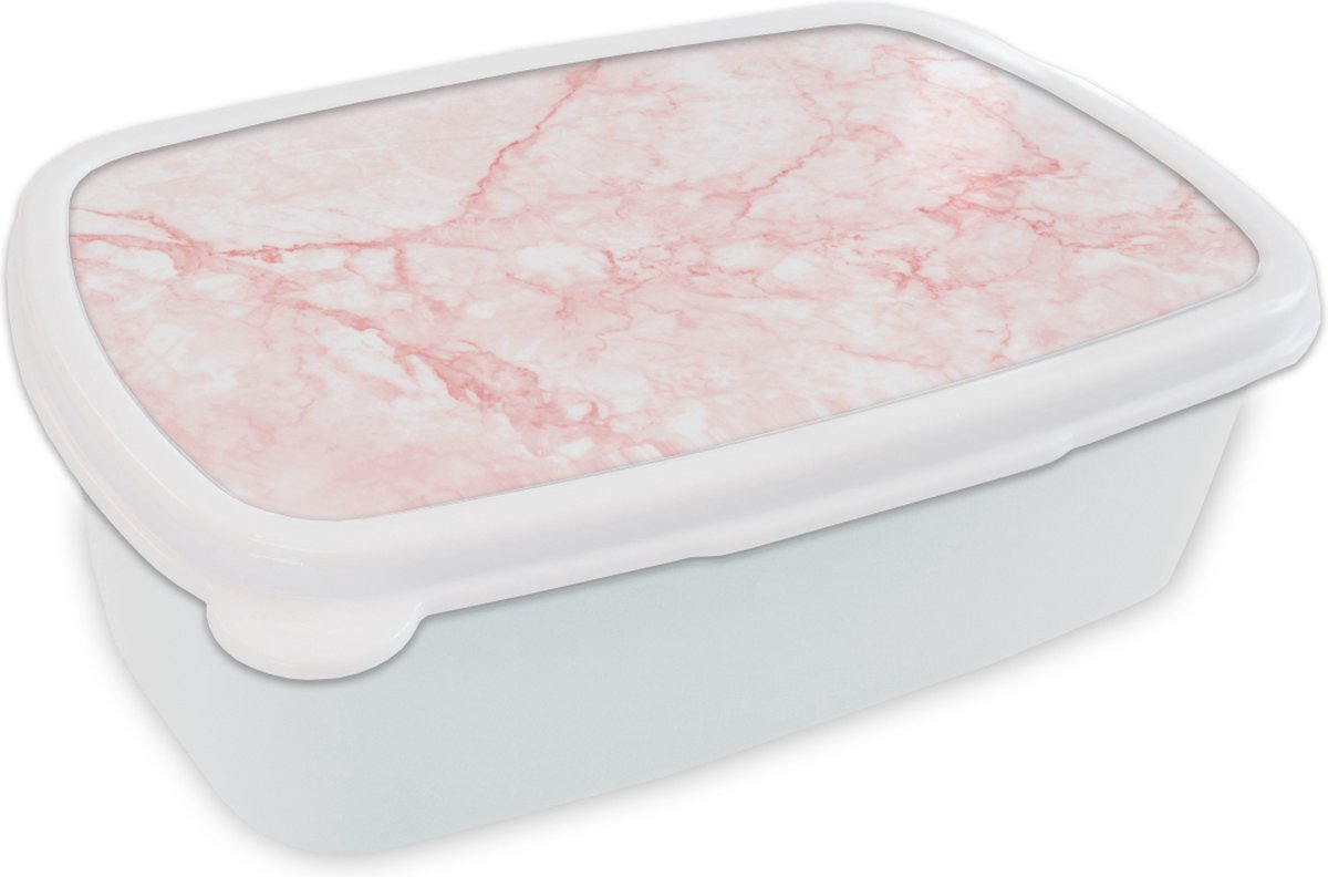 Broodtrommel Wit - Lunchbox - Brooddoos - Marmer - Wit - Roze - Chic - 18x12x6 cm - Volwassenen