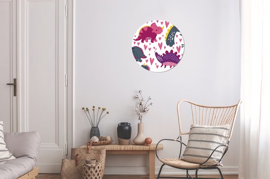 WallCircle - Wandcirkel - Muurcirkel - Dino - Hart - Patronen - Roze - Meisjes - Dinosaurus - Aluminium - Dibond - ⌀ 30 cm - Binnen en Buiten