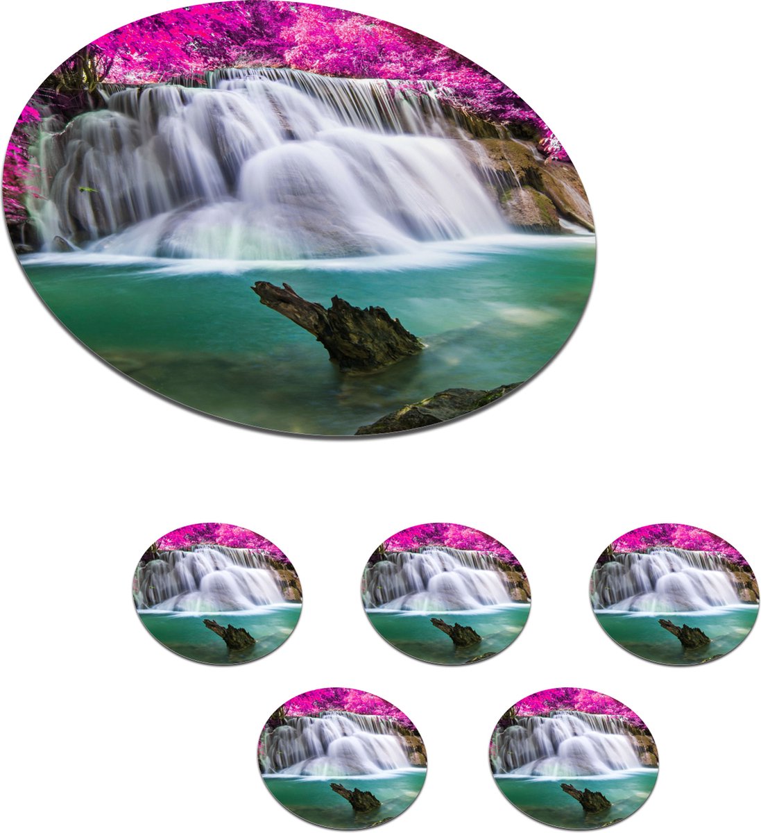 Onderzetters voor glazen - Rond - Waterval - Roze - Bomen - 10x10 cm - Glasonderzetters - 6 stuks