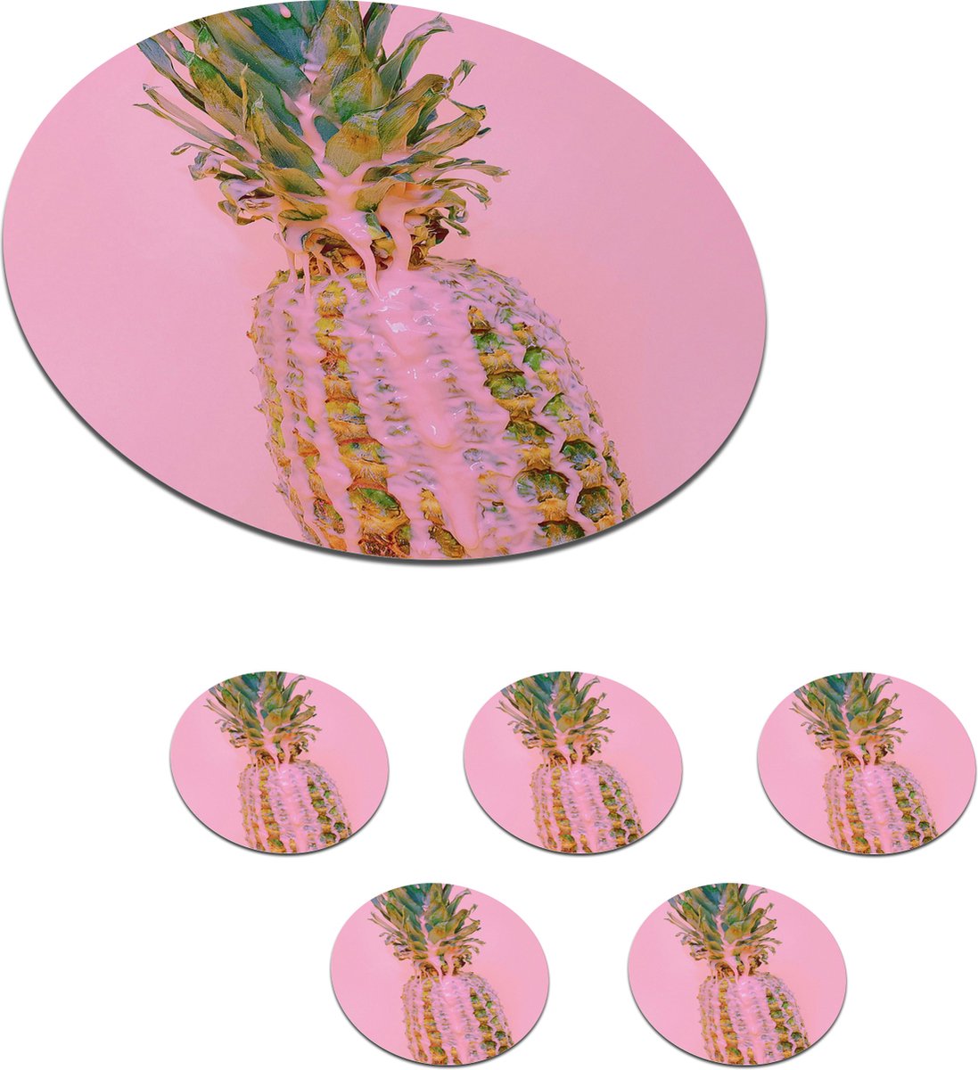 Onderzetters voor glazen - Rond - Verf - Ananas - Roze - Zomer - 10x10 cm - Glasonderzetters - 6 stuks