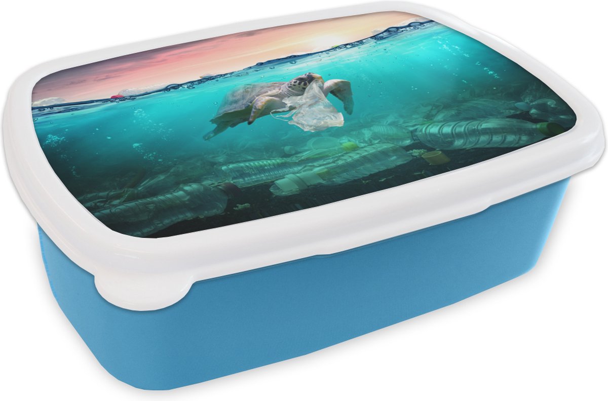 Broodtrommel Blauw - Lunchbox - Brooddoos - Schildpad - Zee - Zon - 18x12x6 cm - Kinderen - Jongen