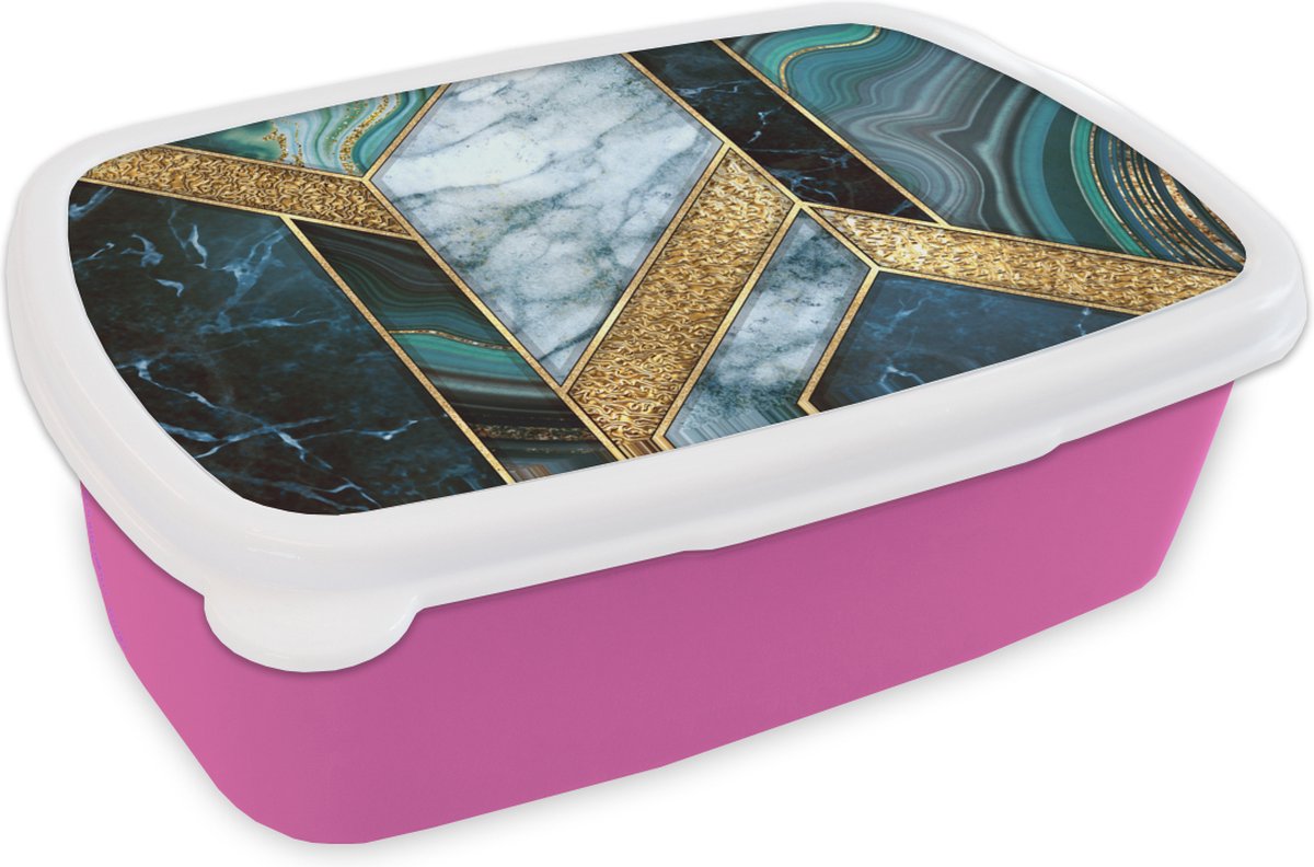 Broodtrommel Roze - Lunchbox - Brooddoos - Marmer - Mozaïek - Goud - 18x12x6 cm - Kinderen - Meisje