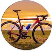 WallClassics - Dibond Muurcirkel - Rode Racefiets in Landschap - 70x70 cm Foto op Aluminium Muurcirkel (met ophangsysteem)