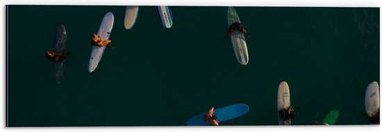 WallClassics - Dibond - Bovenaanzicht van Groep Surfers op Oceaan - 60x20 cm Foto op Aluminium (Met Ophangsysteem)